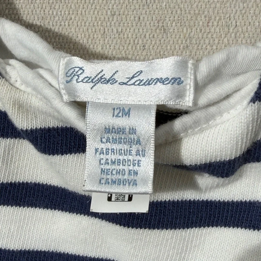 Ralph Lauren Dress Kids 12M White Navy Blue Nautical Peplum Striped Long Sleeve